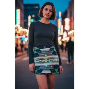 Express Skirt Women's XS Teal & Peach Aztec Print Sequin Mini Boho Lot of 2